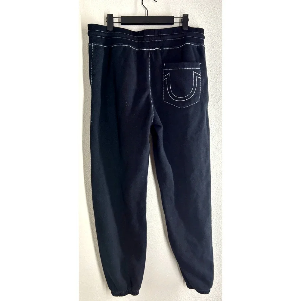 True Religion Sweatpants MEDIUM Black White Big T Contrast Stitch Joggers Y2K